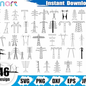 Può includere: Una collezione di 46 disegni in bianco e nero di tralicci, piloni e turbine eoliche. L'immagine include il testo "Download istantaneo" e le opzioni di tipo di file: SVG, PNG, DXF, EPS e JPEG. La parola "smart" è in alto a sinistra.