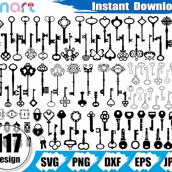 Paquete Key Svg,Magic Key svg,Vintage Key svg,Lock svg,Key lock clipart vector png dxf eps stencil cut file para Cameo silueta cricut vinilo