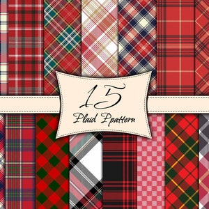 Puede incluir: Un conjunto de 15 patrones de cuadros rojos y blancos. Los patrones están dispuestos en una cuadrícula con una pancarta que dice "15 Plaid Pattern".