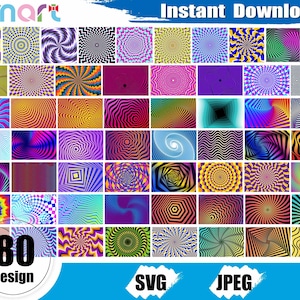 Kolorowy pakiet SVG złudzeń optycznych, wzór złudzeń optycznych, spirala hipnozy SVG, wir SVG, wzór geometryczny, złudzenie optyczne