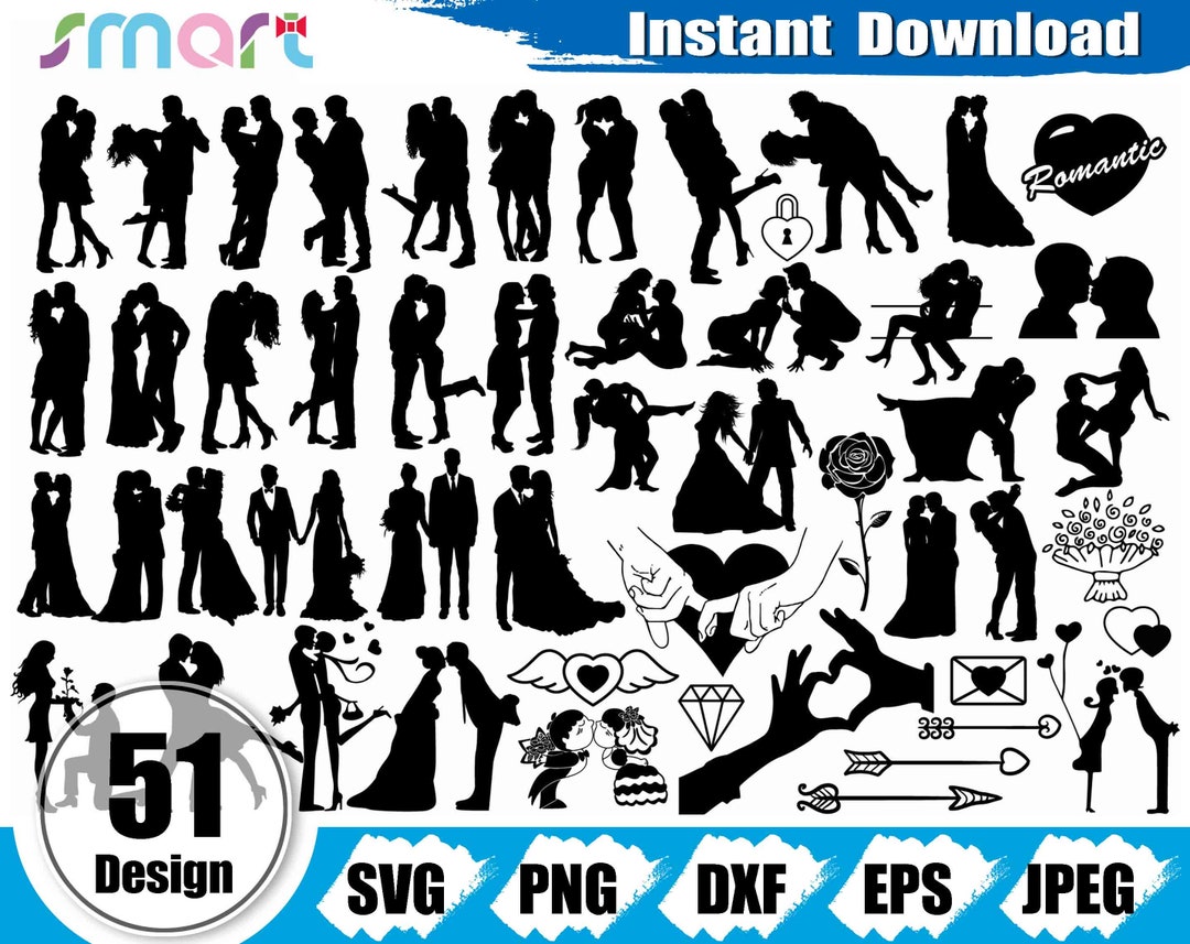 Couple Silhouette SVG Bundle: Wedding, Lovers, Heart Kiss (digital ...