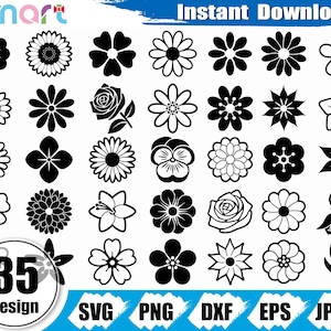 Lindo paquete SVG de flores, icono de flor de jardinería SVG, flores planas clipart vector SVG PNG DXF EPS archivo de corte de plantilla para silueta Cricut vinilo