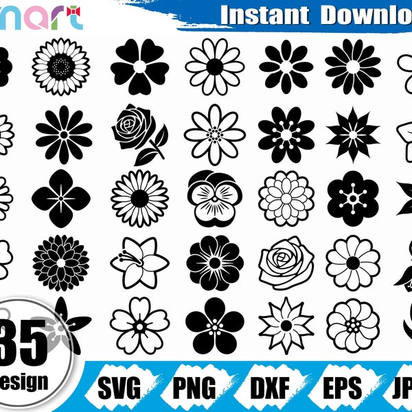 Cute Flower SVG Bundle,Gardening flower icon svg,Flat flowers clipart vector svg png dxf eps stencil cut file for silhouette cricut vinyl