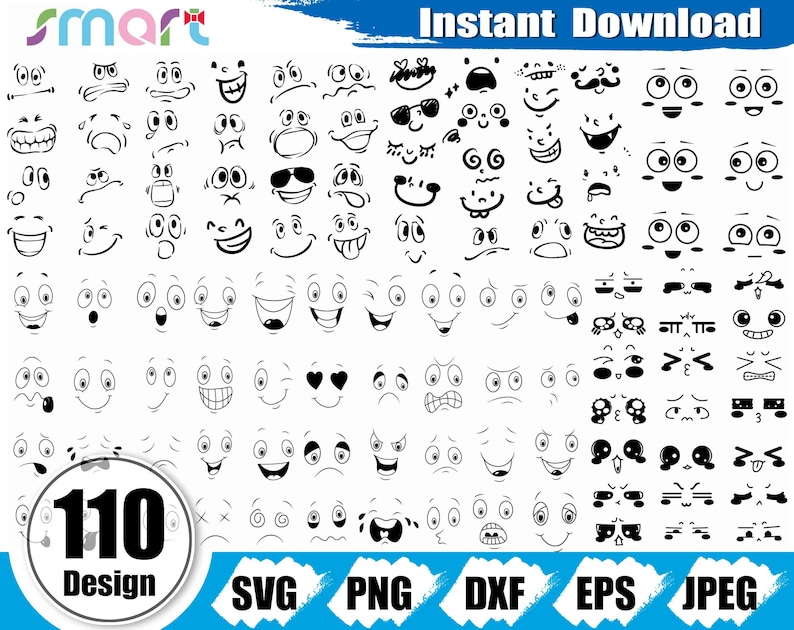 May include: A set of 110 black and white cartoon face expressions. The faces are drawn in a simple style and include a variety of emotions, such as happy, sad, angry, surprised, and confused.