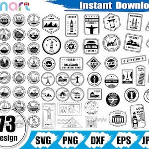 Reizen stempel SVG bundel, poststempel SVG, stempel SVG, reizen stempel clipart vector SVG PNG EPS stencil gesneden bestand voor cameo silhouet cricut vinyl