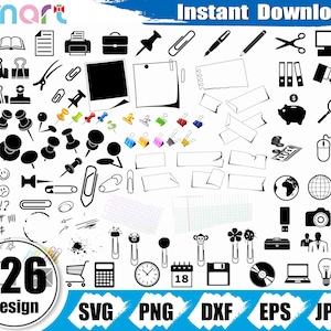 DIN A 4 Briefpapier-Svg-Bundle, Heftklammer-Clip-Svg, Sicherheitsnadel-Svg, Büroklammern-Svg-Clipart-Datei, Vektorpng Dxf Eps Schablonenschnitt-Datei für Silhouette Cricut Vinyl
