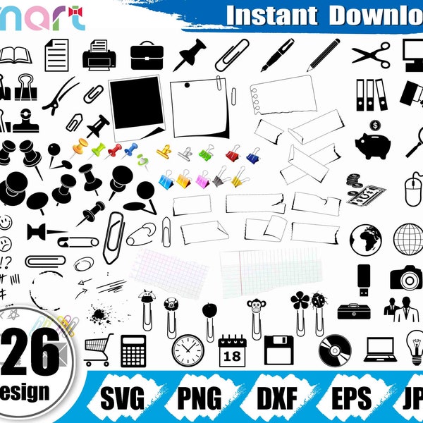 Stationery Svg Bundle,Binder clip svg,safety pin svg,paperclips svg clipart vector png dxf eps stencil cut file for silhouette cricut vinyl