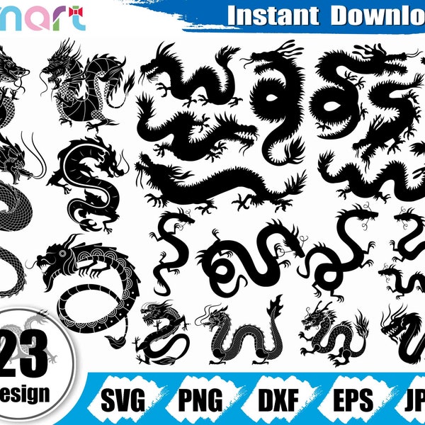 Chinese Dragon svg Bundle,Dragon tattoo svg,Chinese Dragon clipart vector svg png dxf eps stencil cut file for Cameo silhouette cricut vinyl