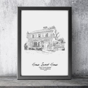 Peut inclure: Dessin au trait noir et blanc d'une maison avec le texte "Home Sweet Home" et "Our First Home" sous l'image. Le texte comprend &eacute;galement l'ann&eacute;e "2020" et les mots "House address".