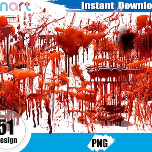 May include: A digital design featuring splattered red paint and drips against a white background. The image includes the text "Instant Download" and "51 Design" in a circle, along with a "PNG" label.