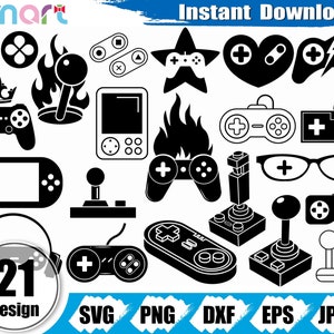 May include: A collection of 21 black and white gaming-themed designs, including controllers, joysticks, and game console icons. The image includes the text "Instant Download" and file type options: SVG, PNG, DXF, EPS, and JPEG. A circular graphic displays "21 Design".