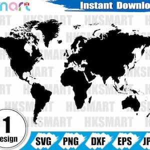 Op de afbeelding: Een zwart-wit wereldkaartontwerp. De afbeelding bevat de tekst "Direct downloaden" en bestandstype-opties: SVG, PNG, DXF, EPS en JPEG. Een cirkelvormige afbeelding toont het nummer "1" en het woord "Design".