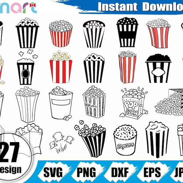 Popcorn Svg Bundle,Food svg,Movie svg,Cinema Svg,Popcorn clipart vector png dxf eps stencil cut file for Cameo silhouette cricut vinyl file