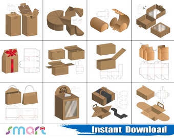 May include: A collection of 10 different box designs for packaging. The designs include a cake box, a gift box, a box with a window, a box with a handle, and a box with a ribbon. The designs are all in brown cardboard.