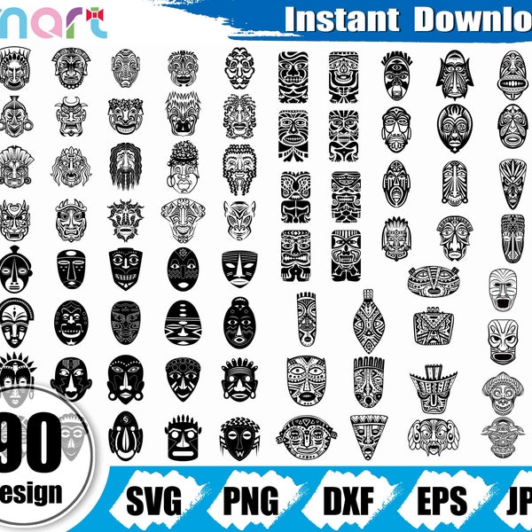 Tiki svg Bundle,Tiki Head svg,Totem svg,Tribal svg,Luau svg,Hawaiian svg clipart vector png dxf eps stencil cut file silhouette cricut vinyl