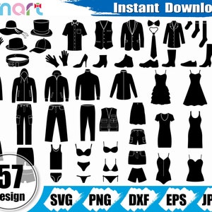 Könnte beinhalten: Schwarz-weiße Vektorgrafik mit 57 Kleidungs- und Accessoire-Designs, darunter Hüte, Handschuhe, Hemden, Kleider, Hosen und Schuhe. Der Text "Instant Download" steht oben. Dateityp-Symbole: SVG, PNG, DXF, EPS und JPEG.