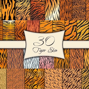 Puede incluir: Una colección de 30 patrones de papel digital con varios diseños de rayas de tigre en naranja, negro y blanco.