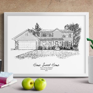 Peut inclure: Dessin au trait noir et blanc d'une maison &agrave; deux &eacute;tages avec un garage. Le dessin est encadr&eacute; dans un cadre blanc et porte le texte "Home Sweet Home" et "Your House Address Atlanta, GA 30341 2020" sous la maison.