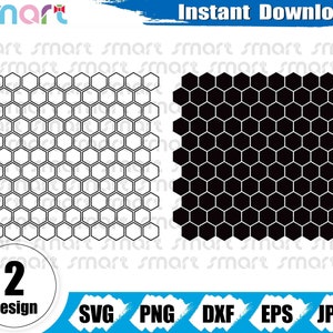 May include: Two designs of a honeycomb pattern. The first design is a black outline of a honeycomb pattern on a white background. The second design is a black honeycomb pattern on a black background.