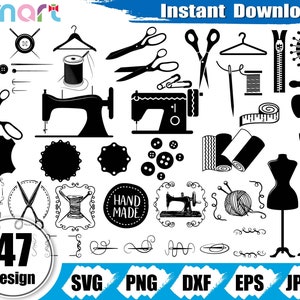 Puede incluir: Un conjunto de 47 archivos de corte SVG de temática de costura en blanco y negro. Los diseños incluyen máquinas de coser, tijeras, carretes de hilo, botones, agujas, dedal, tela y más. El texto "HAND MADE" está incluido en el conjunto de diseños.