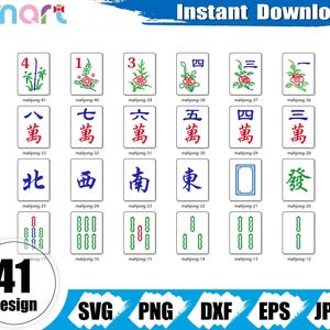 May include: A collection of 41 Mahjong tile designs, each with unique symbols and Chinese characters. The tiles feature various colors and illustrations, including flowers, bamboo, and numbers. The image also includes the text "Instant Download" and file type options.