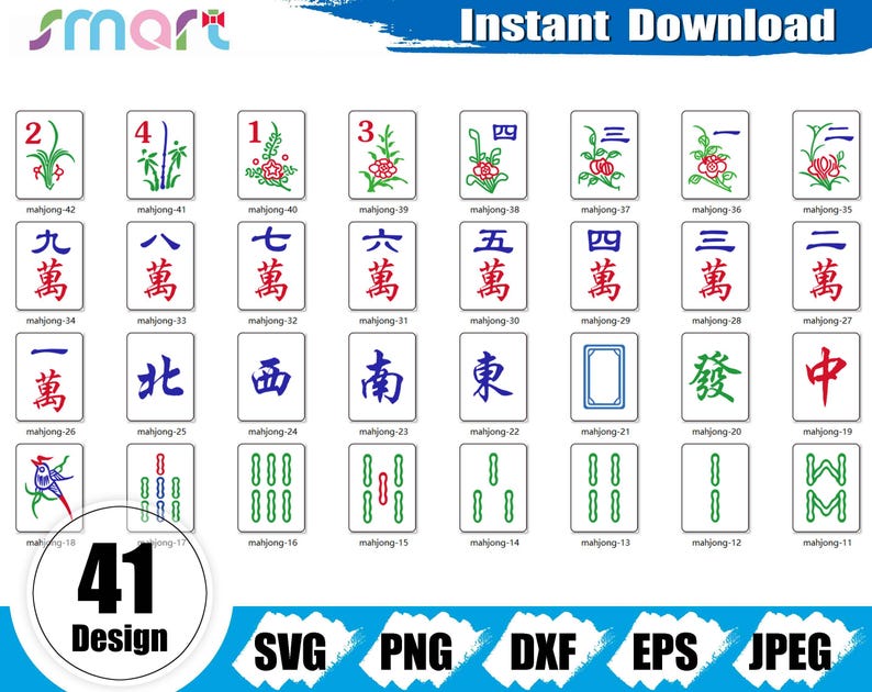 May include: A collection of 41 Mahjong tile designs, each with unique symbols and Chinese characters. The tiles feature various colors and illustrations, including flowers, bamboo, and numbers. The image also includes the text "Instant Download" and file type options.