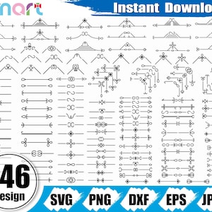 May include: A set of 146 black and white decorative divider lines and design elements. The image includes the text "146 Design" and the file formats "SVG, PNG, DXF, EPS, JPEG".