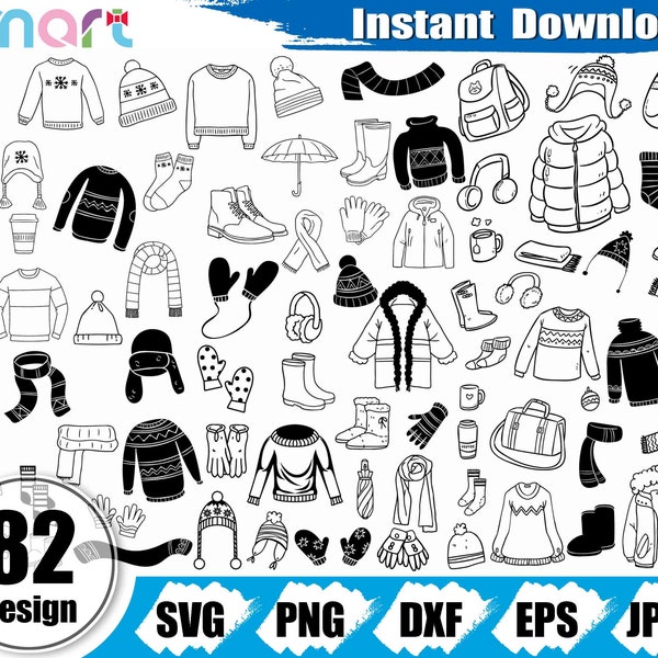 Winter clothes Svg Bundle,Sweater svg,boots svg,Ski equipment svg clipart vector png dxf eps stencil cut file Cameo silhouette cricut vinyl