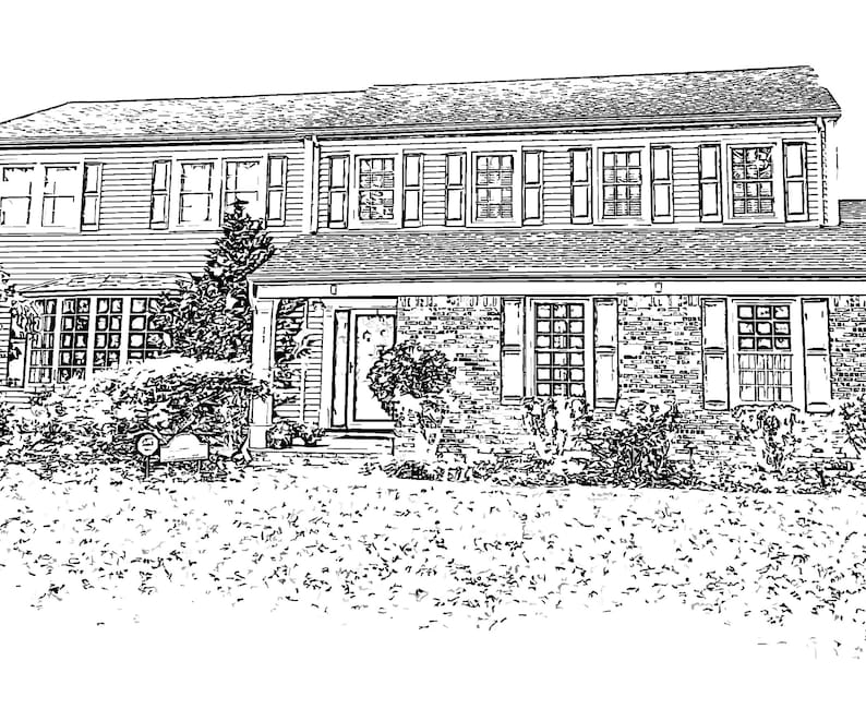 Peut inclure: Un dessin au trait noir et blanc d'une maison &agrave; deux &eacute;tages avec une fa&ccedil;ade en brique, une porte d'entr&eacute;e et des fen&ecirc;tres. La maison est entour&eacute;e de buissons et d'arbres.