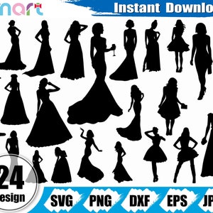 Pakiet Svg dla kobiet, Modna kobieta Svg, Nowoczesna dziewczyna Svg, Suknia wieczorowa Svg clipart wektor png dxf eps szablon wycięty plik do sylwetki cricut winyl