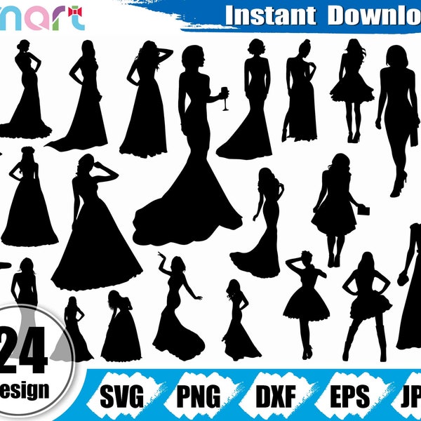 Femmes Svg Bundle, mode femme svg, svg fille moderne, robe de soirée svg clipart vecteur png dxf eps pochoir coupe fichier pour silhouette cricut vinyle