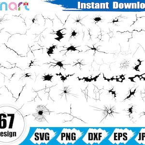 May include: A set of 67 black crack designs in diverse shapes and sizes, ideal for digital art projects. The image includes the text "Instant Download" and file type options: SVG, PNG, DXF, EPS, and JPEG.