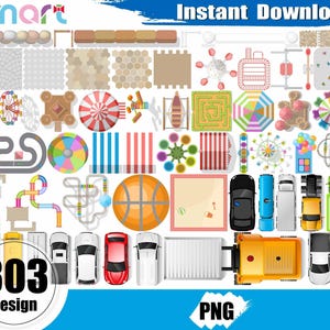 Op de afbeelding: Een bovenaanzicht van een verzameling van 303 designelementen, waaronder attractieparkattracties, auto's en diverse speelplaatsfuncties. De afbeelding bevat de tekst "Instant Download" en "PNG". Een cirkelvormige afbeelding leest "303 Design".