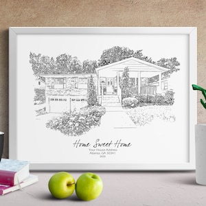 Peut inclure: Dessin au trait en noir et blanc d'une maison avec un porche et une cour. Le texte "Home Sweet Home" est &eacute;crit sous la maison, ainsi que l'adresse "Your House Address, Atlanta, GA 30341, 2020".