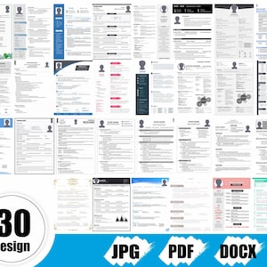 May include: A collage of 30 different resume templates in JPG, PDF, and DOCX formats. The templates feature various layouts, colors, and designs, including modern, minimalist, and creative styles.