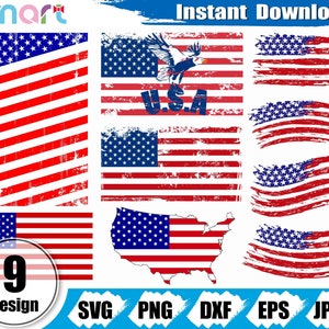 Paquete de svg de bandera americana, svg de bandera de EE. UU., svg de bandera de águila, vector de imágenes prediseñadas de mapa americano svg png dxf eps archivo de corte de plantilla para vinilo cricut de silueta