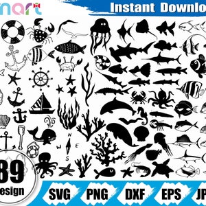 Hand Drawn Ocean Animals Svg Bundle,Sea Animal svg,Octopus Starfish Seahorse seashell svg clipart vector png dxf cut file silhouette cricut