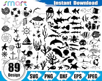 Pacote SVG de animais do oceano: clipart de vida marinha desenhado à mão (download digital)