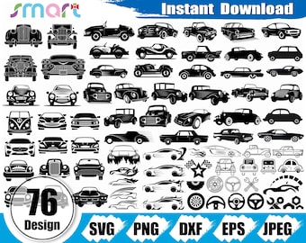 May include: A collection of 76 black and white car silhouette designs, including classic cars, trucks, and sports cars. The designs are perfect for use in crafting projects, scrapbooking, or digital design.
