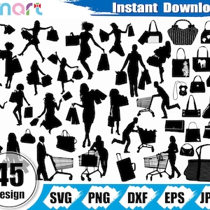 ショッピング女性 svg バンドル、ショッピングカート svg、ハンドバッグ svg、バッグ svg クリップアート ベクター png dxf eps ステンシル カット ファイル、シルエット クリカット ビニール ファイル