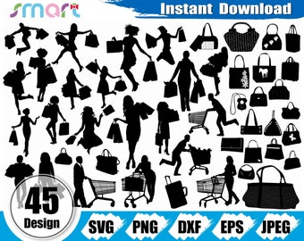 Shopping Clipart Vector Bundle, Woman, Cart, Handbag (Digital Download)