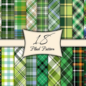 Può includere: Un set di 18 motivi a quadri verdi, bianchi e blu. I motivi sono disposti in una griglia con uno striscione che recita "18 Plaid Pattern".