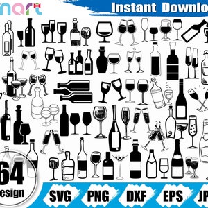 Wijnglas Svg Bundel, Wijnfles svg, champagne glas svg, Wijnglas clipart vector png dxf eps stencil cut file voor silhouette cricut vinyl