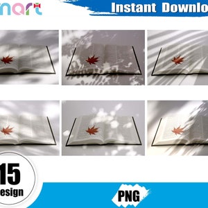 Könnte beinhalten: Ein Set mit 15 digitalen Clipart-Bildern, die ein Buch mit einem roten Blatt auf den Seiten zeigen. Das Buch ist geöffnet und die Seiten sind weiß. Der Hintergrund ist weiß mit Schatten von Blättern und Ästen.