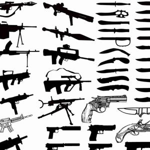 May include: A collection of black silhouettes and detailed line drawings of various firearms and knives arranged in a grid. The image features rifles, submachine guns, handguns, and diverse blade shapes including straight, curved, and serrated edges.