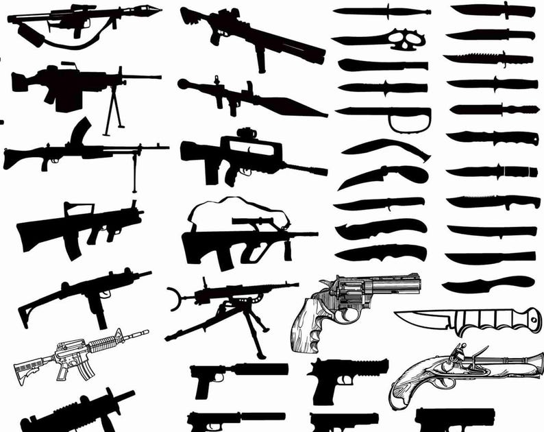 May include: A collection of black silhouettes and detailed line drawings of various firearms and knives arranged in a grid. The image features rifles, submachine guns, handguns, and diverse blade shapes including straight, curved, and serrated edges.