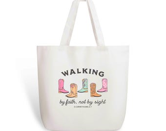 Katoenen draagtas Walking by Faith – draagtas christelijke schrift, 2 Korinthiërs 5:7 Faith-boodschappentas, religieus cadeau