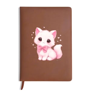 May include: A brown notebook featuring a cute cartoon cat illustration. The cat is white with pink accents, including a bow and ears. Small hearts and sparkles surround the cat, creating a whimsical design.