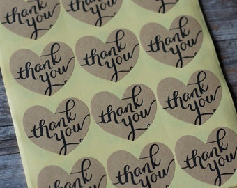 Script Font Thank You Kraft Paper Label Stickers - Love Heart Sticker Envelope Seals - 48 seals