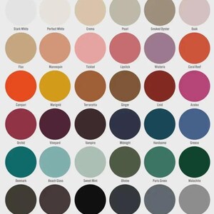 Puede incluir: Una paleta de colores con 36 muestras circulares, cada una etiquetada con un nombre &uacute;nico. Los colores van desde el blanco puro y crema hasta tonos profundos como el negro y el carb&oacute;n, con matices de rosa, naranja y verde.